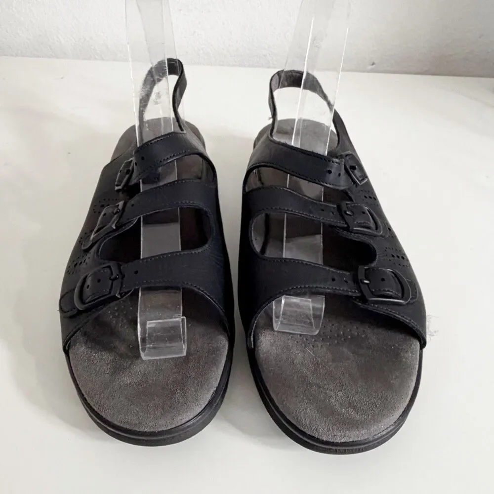 SAS Sandals Womens 9.5 Black Leather Caress Slingback Ankle Strap Wedge Heel USA